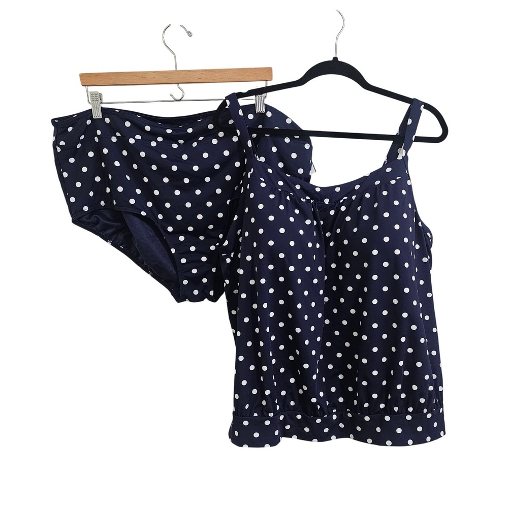 Lands' End Tankini Set 24W/26W Navy Blue Polka Dot Blouson Swimsuit Beach NEW